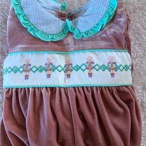 Velvet Smocked Nutcracker One-Piece Bodysuit in Dusty Rose with Teal Trim